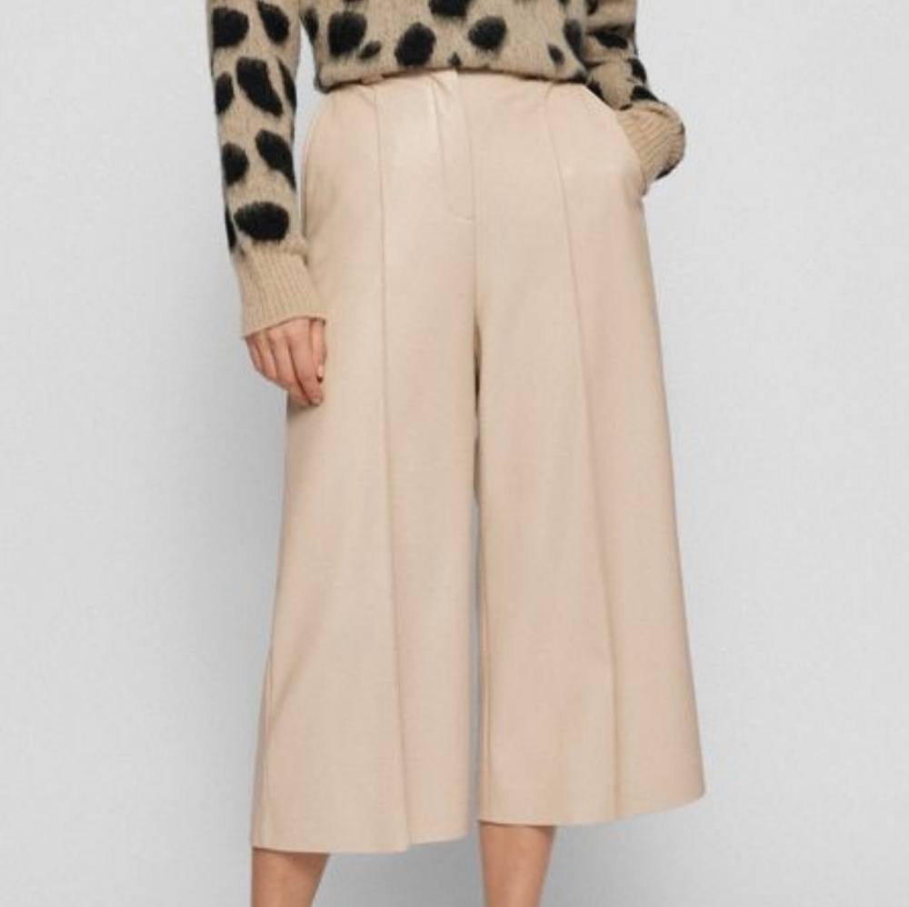 BOSS Hugo Boss Telita High Rise Faux Leather Wide Leg Warm Beige Crop Pant NWT 6
